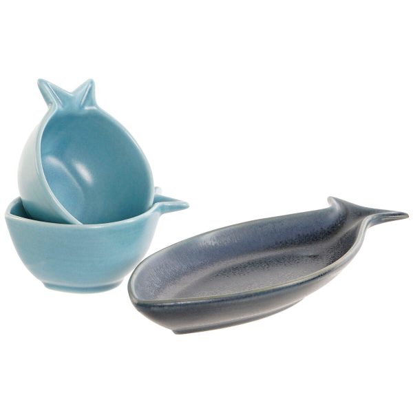 Appetizer Set Home ESPRIT Blue Sky blue Porcelain Acacia Mediterranean Fish 19,5 x 16,5 x 1,3 cm 4 Pieces For Sale