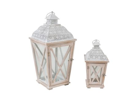 Lantern set Romimex White Wood Metal 27 x 59 x 21 cm 2 Pieces Online Hot Sale