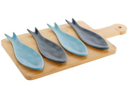 Appetizer Set Home ESPRIT Blue Green Navy Blue Bamboo Porcelain Mediterranean Fish 36 x 18 x 1,3 cm 5 Pieces Fashion