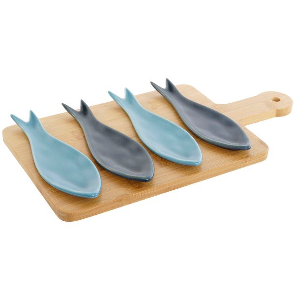 Appetizer Set Home ESPRIT Blue Green Navy Blue Bamboo Porcelain Mediterranean Fish 36 x 18 x 1,3 cm 5 Pieces Fashion