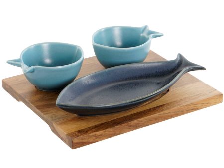 Appetizer Set Home ESPRIT Blue Sky blue Porcelain Acacia Mediterranean Fish 19,5 x 16,5 x 1,3 cm 4 Pieces For Sale