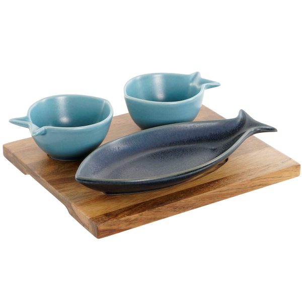 Appetizer Set Home ESPRIT Blue Sky blue Porcelain Acacia Mediterranean Fish 19,5 x 16,5 x 1,3 cm 4 Pieces For Sale