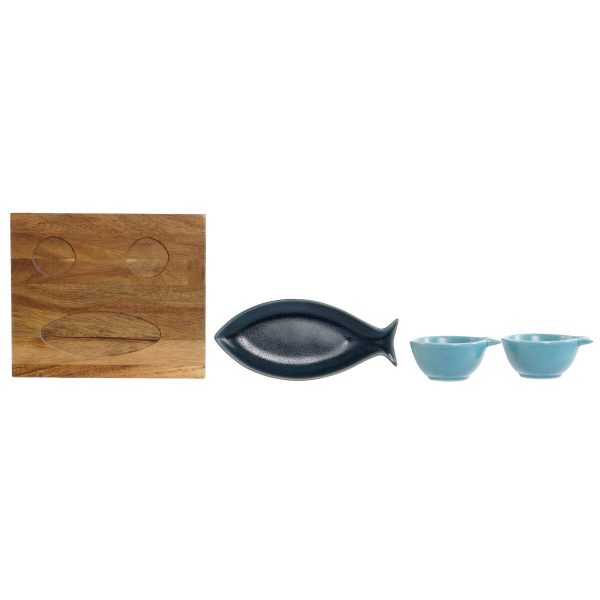 Appetizer Set Home ESPRIT Blue Sky blue Porcelain Acacia Mediterranean Fish 19,5 x 16,5 x 1,3 cm 4 Pieces For Sale