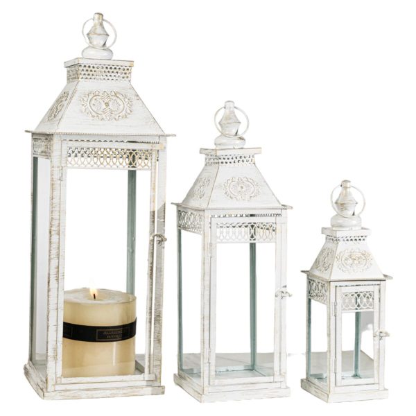 Lantern set Romimex White Metal Glass 23 x 68 x 23 cm 3 Pieces Discount