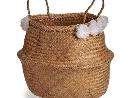 Basket White Brown Natural Rushes Pompoms 8 L 32 x 30 x 32 cm For Discount