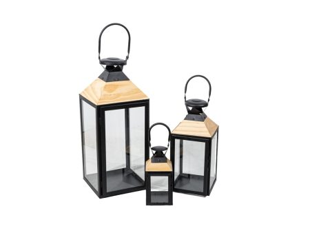 Lantern set Romimex Black Beige Wood Metal 3 Pieces on Sale