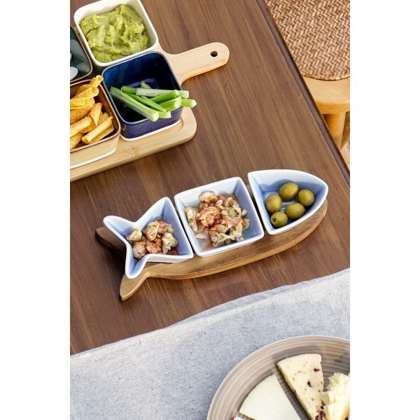 Appetizer Set Home ESPRIT Blue Navy Blue Porcelain Acacia Fish Mediterranean 28 x 9,7 x 1,3 cm 4 Pieces Online now