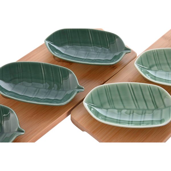 Appetizer Set Home ESPRIT Green Dark green Bamboo Porcelain Tropical 4 Pieces 28,4 x 10,5 x 3 cm (2 Units) Online Sale