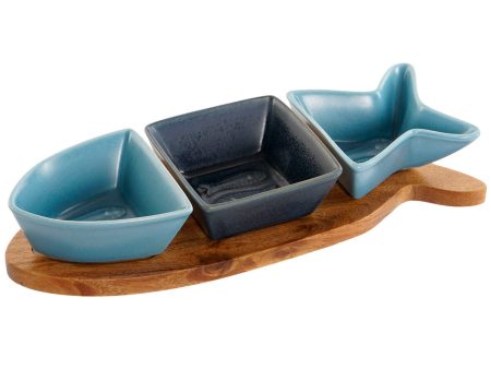 Appetizer Set Home ESPRIT Blue Navy Blue Porcelain Acacia Fish Mediterranean 28 x 9,7 x 1,3 cm 4 Pieces Online now