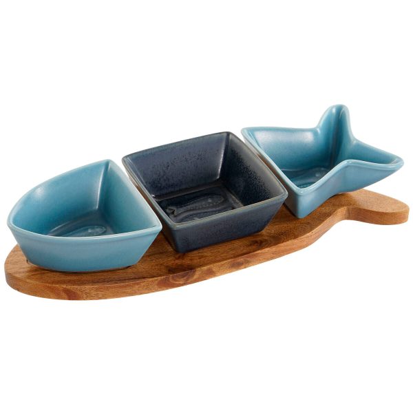 Appetizer Set Home ESPRIT Blue Navy Blue Porcelain Acacia Fish Mediterranean 28 x 9,7 x 1,3 cm 4 Pieces Online now