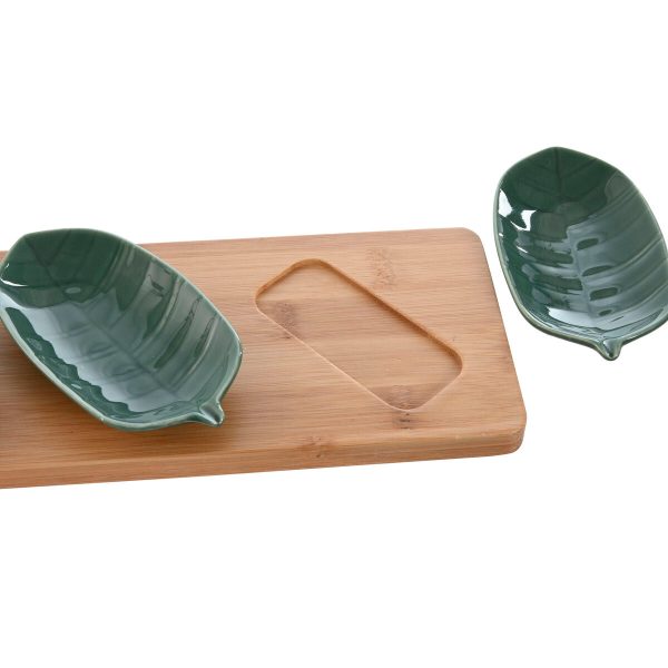 Appetizer Set Home ESPRIT Green Dark green Bamboo Porcelain Tropical 4 Pieces 28,4 x 10,5 x 3 cm (2 Units) Online Sale