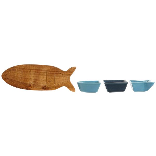 Appetizer Set Home ESPRIT Blue Navy Blue Porcelain Acacia Fish Mediterranean 28 x 9,7 x 1,3 cm 4 Pieces Online now