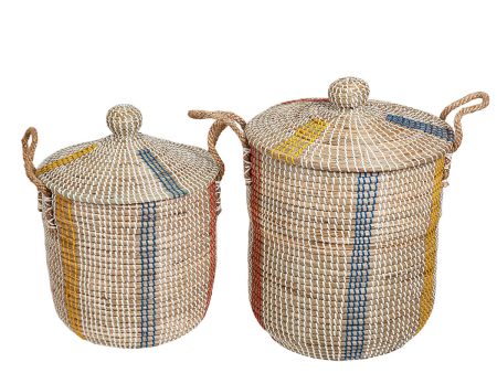 Set of Baskets Romimex Blue Beige Orange Natural Fibre With lid (2 Pieces) Sale